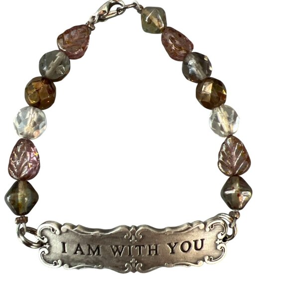 Vintage Silver Tone I Am With You Glass Beaded Stretch Bracelet Inspirational - Picture 3 of 5
